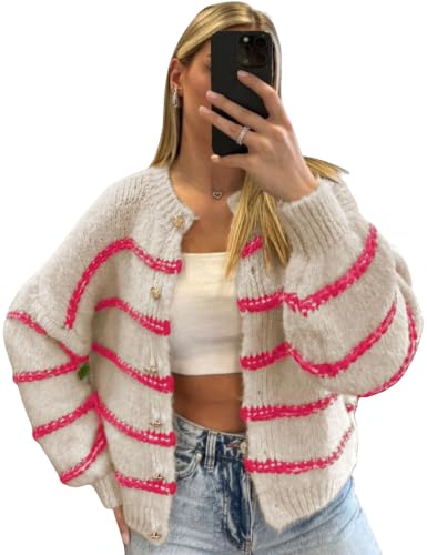 Image of QIBABU Womens Striped Cardigan Sweaters Casual Open Front Long Sleeve Button Down Knit Outwear