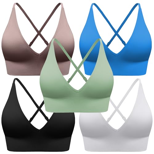 Image of BLUELILY Adjustable Deep V Neck Bras 3 /5 Pack Sports Bras for Women Padded Seamless Spaghetti Strap Criss Cross Yoga Bras