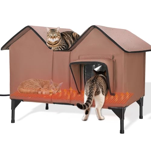Beheiztes Katzenhaus, Vergrößerte Katzenhaus Outdoor Winterfest Isoliert mit Fluchttüren und Heizpolster für Mehrere Katzen Hunde, Erhöhte...