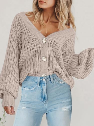 Image of PRETTYGARDEN Women's Chunky Knit Open Front Sweater Long Sleeve Button Loose Short Cardigan Outerwear Coats
