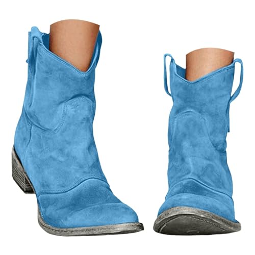 Suede Cowboy Boots for Women,Women's Western Cowboy Ankle Boots,Low Heel Mid Calf Round Toe Chunky Stacked Mid Heel Slip on Fashion Retro Classic Booties,Suede Back Zipper Fall Short Ankle Booties