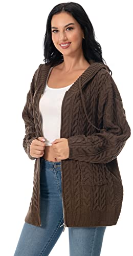 Image of Shineflow Women Hooded Cardigan Oversized Slouchy Zipper Cable Knit Cardigan Coat Solid Color Sweater Casual Knit Knitwear