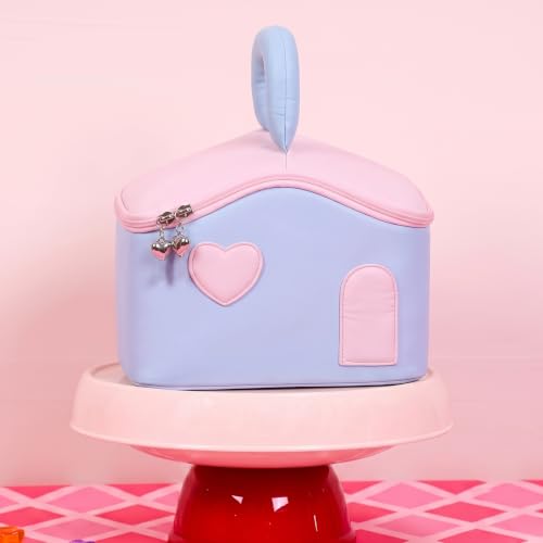 Image of House of Quirk Large Capacity Makeup Bag for Women, Portable Cosmetic Organizer, Water-Resistant Travel Toiletry Bag with Handle, Cute Heart Design, Zipper Vanity Storage Case (Blue /Pink)
