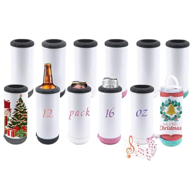 12 Pack 16 oz Sublimation Music Bluetooth Speaker Blank Tumblers Stainless Steels Insulated 4 in 1 Can Cooler Beer Holder with Lid and Straw Metal Slim Coozies for Drinks Bulk