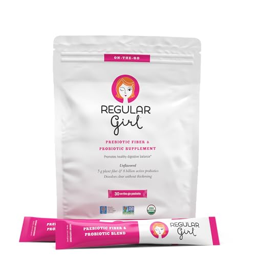 Regular Girl Organic Powder Prebiotic Fiber Supplement and Probiotics for Women Low FODMAP 30 On-The-Go Packets Unflavored 30 Serving Packets