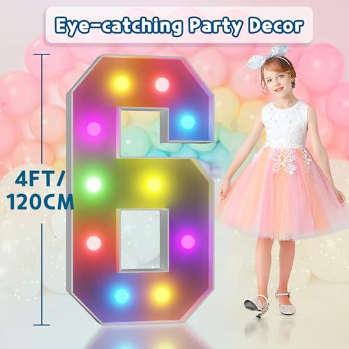 Image of Imprsv Colorful 4FT Marquee Numbers 6, 18 Colors Large Light up Numbers | RGB with Remote, Birthday Party Decorations Anniversary Wedding Decorations Assembly Required 22 Pcs Accessory Set