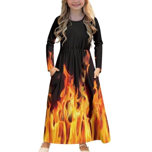 Long Sleeve Print Swing Dress Size 5-14 Girls' Dresses Fall Outfit Casual Loose Maxi Dress with Pocket for Holiday