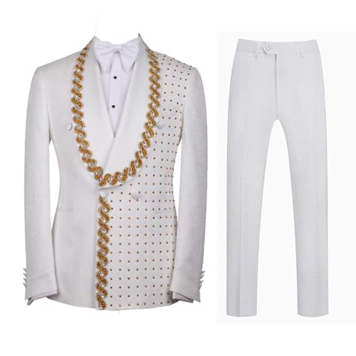 Men's Suit 2 Piece Slim Fit Gold Diamond Applique Tuxedo Suit Set Blazer Jacket Pants for Wedding,Prom,Party