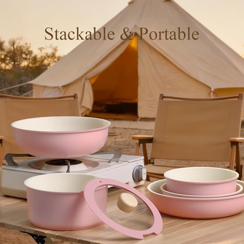 Image of CAROTE Pots and Pans Set, Nonstick Cookware Set Detachable Handle, 19pcs Induction Kitchen Cookware Sets Non Stick with Removable Handle, RV Cookware Set, Oven Safe, Pink