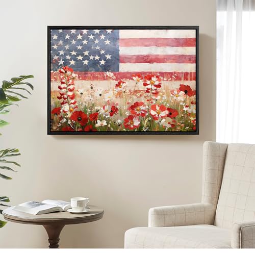 Image of American Flag Framed Canvas Wall Art, 4th of July Floral Canvas Prints, Wildflower Meadow Landscape Patriotic Decorations, Vintage Rustic Independence Day Wall Decor for Bedroom Living Room 24x32