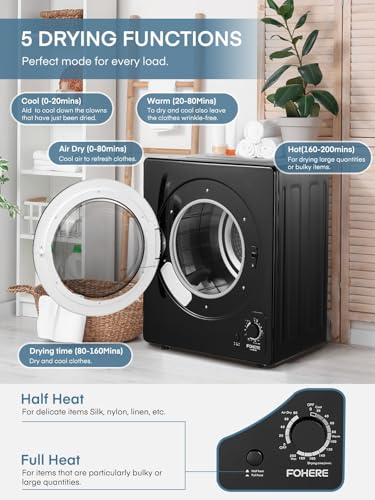 5KG Small Tumble Dryer, FOHERE Vented Dryers for Apartments and Small Home, 1200W Vented Tumble Dryer with Vent tube, 5 Automatic Drying Modes, Black - Image 2