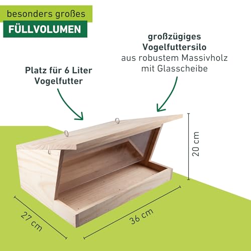 Windhager Vogelfuttersilo Pultdach XXL, Vogelhaus, Futterhaus für Vögel, Vogelhäuschen, Nistkasten Vögel, Füllvolumen Circa 6 Liter, 05364, holz