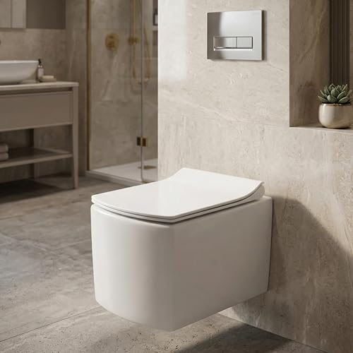 Image of Parryware HELIX Ceramic Wall Hung Western Commode for Bathroom | Rimless Washdown Flush Commode with UF Soft Closing Toilet Seat | Square Wall Mount Ewc | Space Saving | C8895