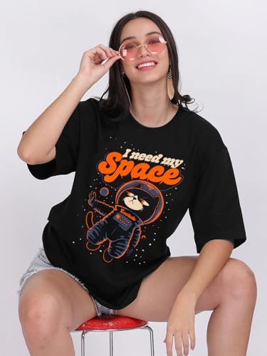 Image of LEOTUDE Women Cottonblend Drop Shoulder Oversized Round Neck Half Sleeve