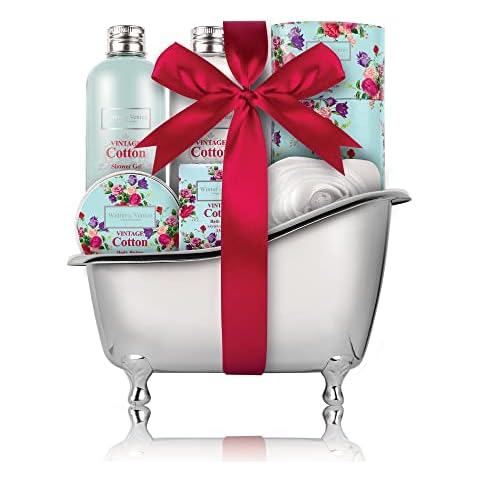 Winter in Venice Vintage Cotton Tub Bath Gift Set, Pamper Gifts for Women, 6-Piece Bath Gift Set with Body Lotion, Shower Gel, Body Butter, Bath Salts, Soap & Rose Puff, Bath Gift Sets for Women, Vegan-Friendly Gifts for Her Cover