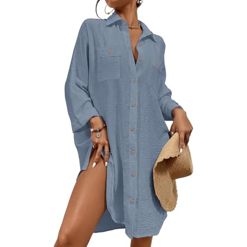 Bsubseach Womens Modern Swimsuit Cover Up Blouse Button Down Shirt Dresses Tops Dusty Blue Medium