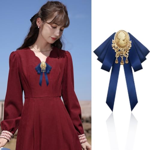 Image of Retro Court style Crystal Ribbon Bow Tie Brooch Pins for Women Girls Victorian Cameo Bow Brooch Pre-Tied Bowknot Corsage Collar accessory