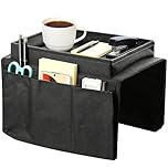 LCFVOFU Sofa Armrest Organizer with Tray, Armchair Tray with 4 Bags, Sofa Arm Table for TV Remote Drinks Magazine Book Phone Snacks Glasses
