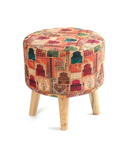 Image of NACIA Velvet Printed Ottoman Chair with Stool Combo | Dressing Table Chair for Bedroom Makeup Room Decor | Modern Upholstered Ottoman with Wooden Legs for Home (18x18x32 Inches, Darbar)