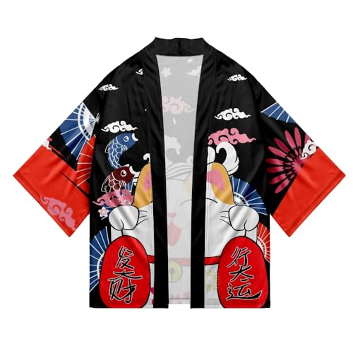Image of LAI MENG FIVE CATS Women's Lucky Cat Cardigan Kimono Loose Cover up Casual Blouse Cute Tops