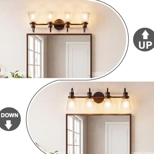 Image of Vintage Farmhouse Vanity Wall Sconce Lighting, 4-Light Oil Rubbed Bronze Bathroom Vanity Light Over Mirror with Clear Striped Glass Shade, 25.7 inch Retro Wall Lamp for Bedroom Living Room