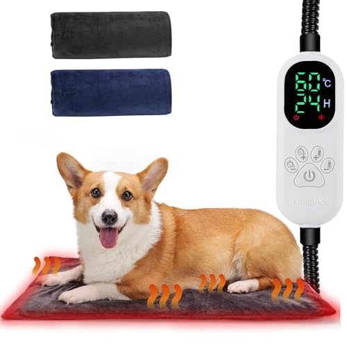 Angelpet Haustier Heizkissen L 45x70cm – Heizdecke für Hunde & Katzen, 30–60 ℃ Temperatur & 14 Timer (0–12H/24H), Hunde Heizmatte mit Auto Screen-Off, bissfestem 1,8 m Kabel, 2 waschbaren Bezügen