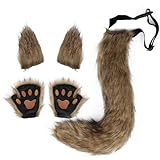 L'VOW Furry Faux Fur Cat Ear Hair Clip Fox Wolf Tail Set Claw Glove Kit for Adult Anime Halloween Carnival Party Cosplay(Brown)