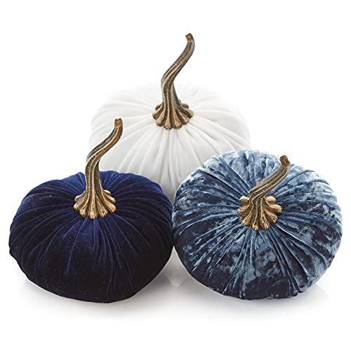 Set of 3 Velvet 6.25 Inch Pumpkins, blue pumpkins, gift