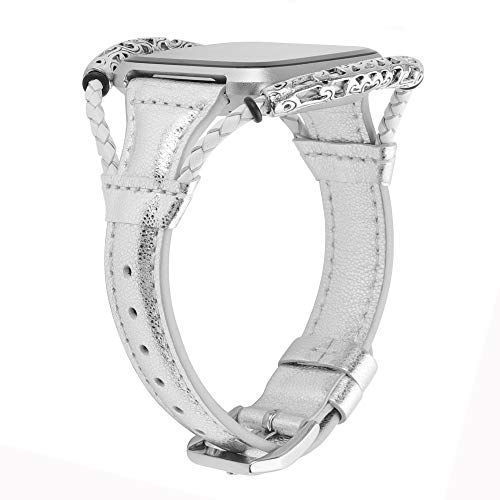 Wearlizer Soft Leather Slim Wristband Band Compatible with Fitbit Versa/Versa Lite/Versa SE/Versa 2, Handmade Bracelet, Ventilated Hole Thin Women Men Replacement Accessories Strap Silver