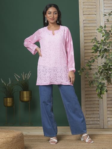 Image of Ada Women's Georgette Regular Fit Chikankari Hand Embroidered Lucknow Short Kurti Top A911224