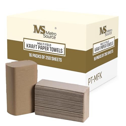 Metro Source Multifold Kraft Paper Towels – 16 Packs of 250 Sheets | Natural Brown Hand Towels | 22.5 × 23 cm (8.85