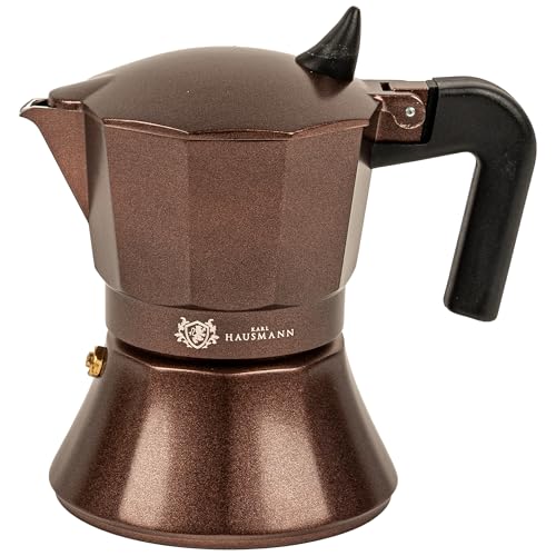 KARL HAUSMANN Cafetera Italiana Inducción 150 ml - 3 Tazas - Moka De Aluminio Para Espresso Y Té, Cafetera Compatible Con Inducción 360°, Gas, Eléctrica Y Vitrocerámica, Marrón Mate