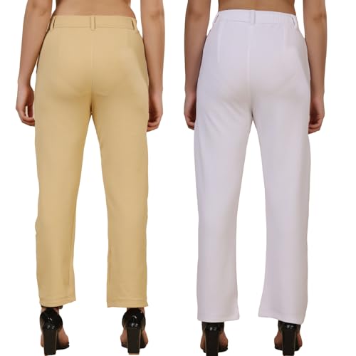 Image of Pack of 2 Women's Regular Fit Solid Cotton Blend Trousers - Soft, Breathable & Stretchable Bottom Wear for Office, Casual Outings & Daily Comfort