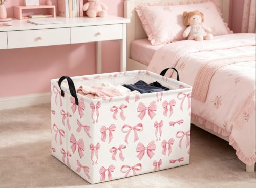 Image of Rectangular Baby Kids Storage Basket for Home Kitchen Girls Cute Toy Storage Bin Organizer Shelf Book Room Decor(Silk Bowknot)