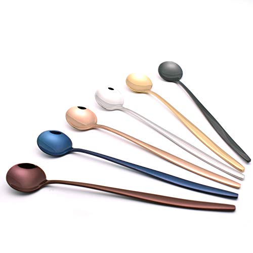 Long Handle Spoon, Circular spoon,Delicate Elegance Stainless Steel Spoon Set,Mixing Spoon,Ice Cream Spoon,Long Spoon Iced Tea Spoon, Coffee Spoon,Dessert Spoon,Milkshake Spoon,Set of 6(Ice spoo