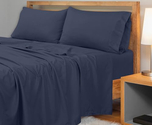 Image of Royale Linens 300 Thread Count 100% Long Staple Combed Cotton Flat Sheet - Super Soft - Top Sheets - Twin Flat Sheet Sold Separately - Breathable, Cool & Crisp Percale Sheets Only (Twin, Navy)