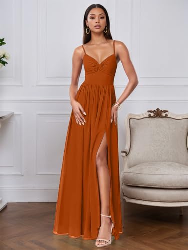 V Neck Bridesmaid Dresses for Women Ruched Pleated Chiffon Formal Evening Party Gown with Slit4