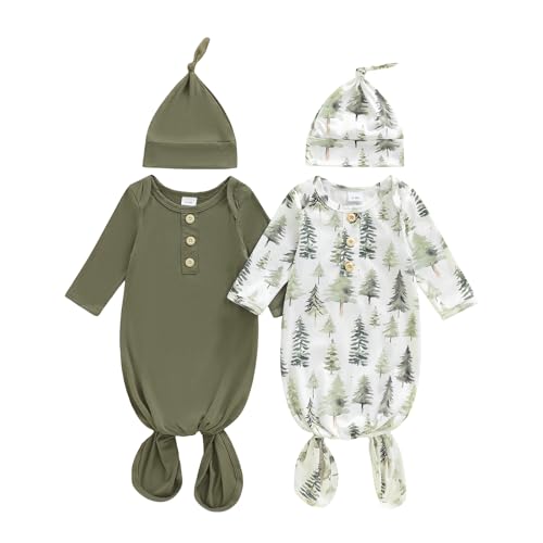Image of woshilaocai 2 Pack Baby Boy Girl Gown Sleeper Newborn Knotted Nightgown and Hat Set Infant Sleepwear
