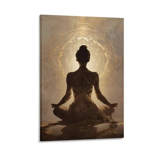 Golden Mandala Meditation Wall Art Spiritual Woman Silhouette Painting Bohemian