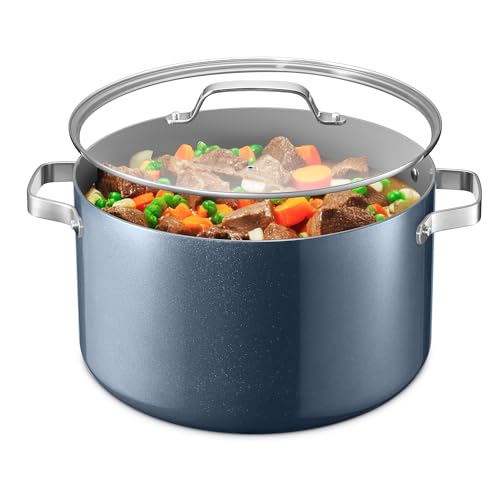 Bakken 16 Quart Ceramic Coated Stock Pot with Lid Easy Clean Nonstick Pot Tempered Glass Lid Riveted Stainless Steel Handles Oven Safe Up To 500F PTFE & PFAS Free All Stove Compatible Blue