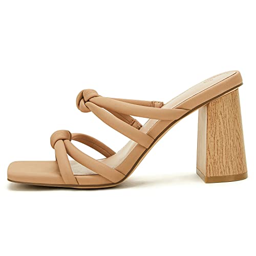 Image of LAICIGO Womens Chunky Block Heels Sandals Square Open Toe Slip on Slides | 3.5In-High Heeled Sandals, Double Knot Strap, Summer Dress Shoes, Work Casual, Vacation, Party
