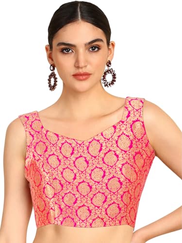 Chandrakal Womens Banarasi Brocade Sleeveless Readymade Saree Blouse,Pink Gold, X-Large