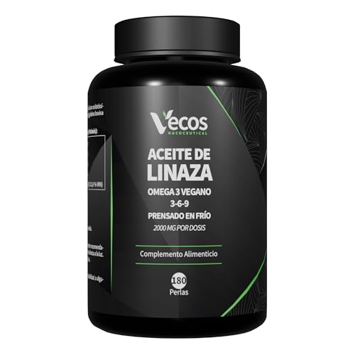 Aceite de Linaza 2000 mg – 180 Perlas – Omega 3 Vegano 3-6-9 – Prensado en Frío – Con ALA, Ácido Linoleico, Ácido Oleico y Vitamina E – Vecos Nucoceutical 180 Perlas (1 Bote)