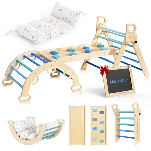 BlueWood Pikler Triangle Set Foldable Wooden Toddler Climbing Toys Indoor Playground Jungle Gym Montessori Philosophy Climber for 2-6 Years Old Baby Kids (Sky Blue with Cushion)
