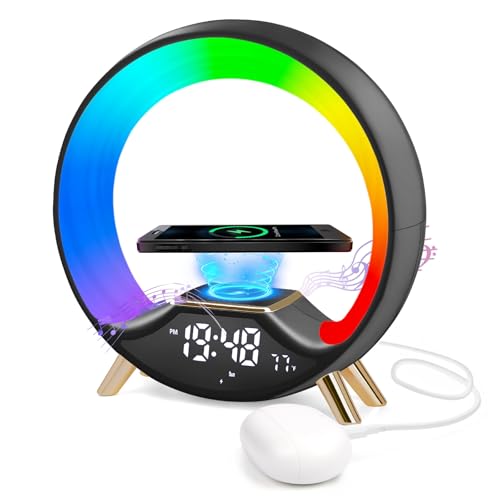 Cuteefun Despertador Luz Amanecer con Carga InaláMbrica 15W, Despertador Digital Inteligente con Altavoz Bluetooth, Doble Alarma, Radio FM, Más de 10 Colores de Luz Nocturna Ajustable, Negro