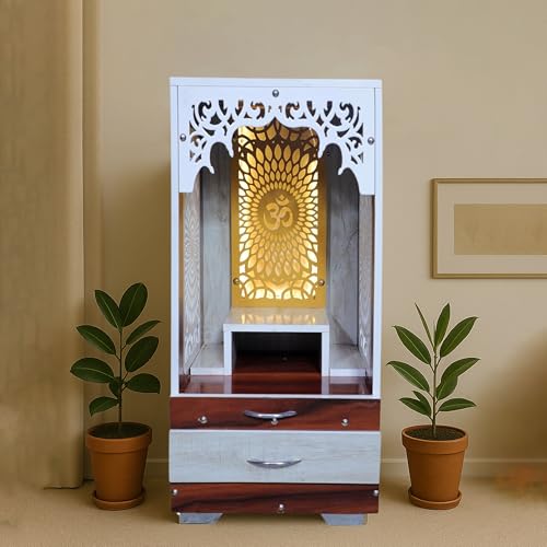 Image of Engineered Wood Temple for Home | Corian Design Wooden Pooja Mandir | Dev Ghar Pooja Ghar | Spacious Wooden Temple Unit (Brown, LxWxH-18x18x38 Inch)