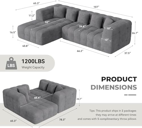 107" Boneless Couch with L - Shaped Chaise, Modern Chenille Modular Sectional Sofa with Tufted Design, Comfy Upholstered Sofa, No - Assembly Sectional Couch, Dark Grey - Thumbnail 4