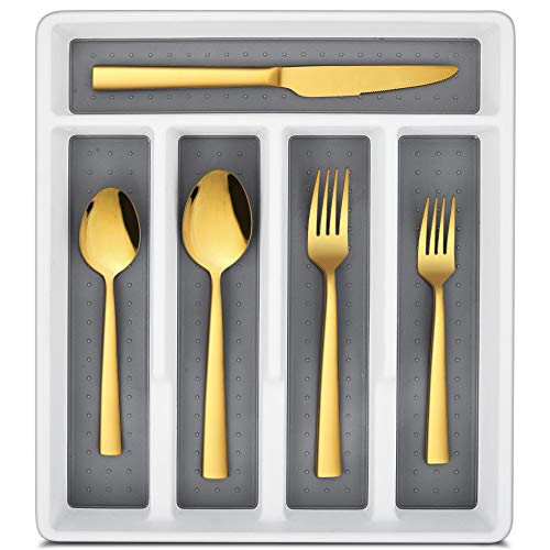 LIANYU 20-Piece Gold Silverware Set with Tray Stainless Steel Square Flatware Cutlery Set for 4 Gold Eating Utensils for Home Restaurant Dishwasher Safe Mirror Finished