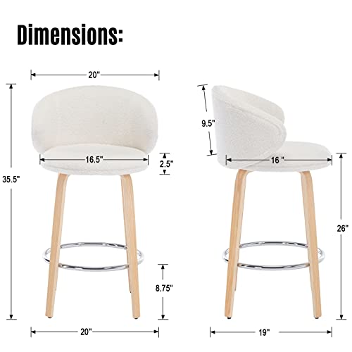 LukeAlon Butacos de Bar de 26 pulgadas, Set de 2 unidades, Color Blanco | Tapizados en Sherpa, Altura para Isla de Cocina, Soporte Lumbar y Patas de Madera, Estilo Mid-Century Moderno miniatura 2
