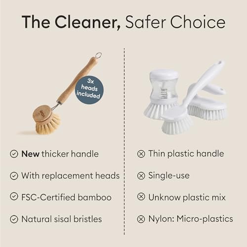 Vove Bamboo Washing Up Brush, FSC-Certified - Includes 3 Replacement Heads - Natural Fibre Bristles - Non-Toxic, Plastic-Free - Kitchen Scrub Brush for Pots, Pans & Dishes - Image 5